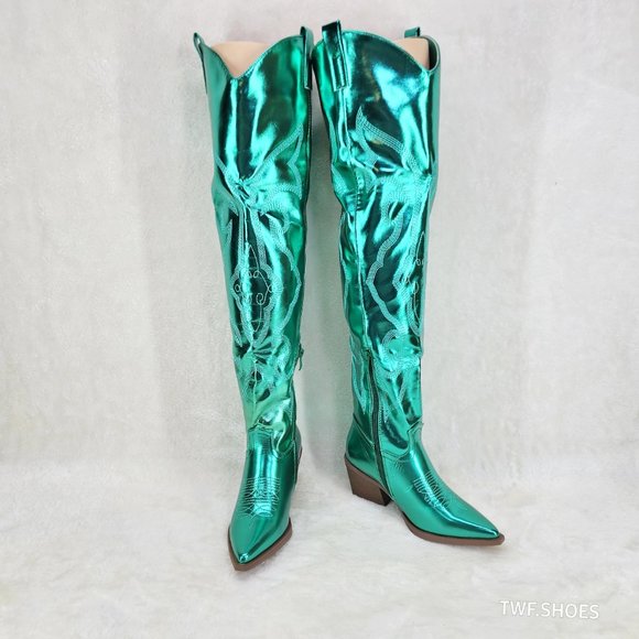 Country Disco Cowboy Metallic Green Western Cowgirl OTK Thigh Boots New - Picture 5 of 15